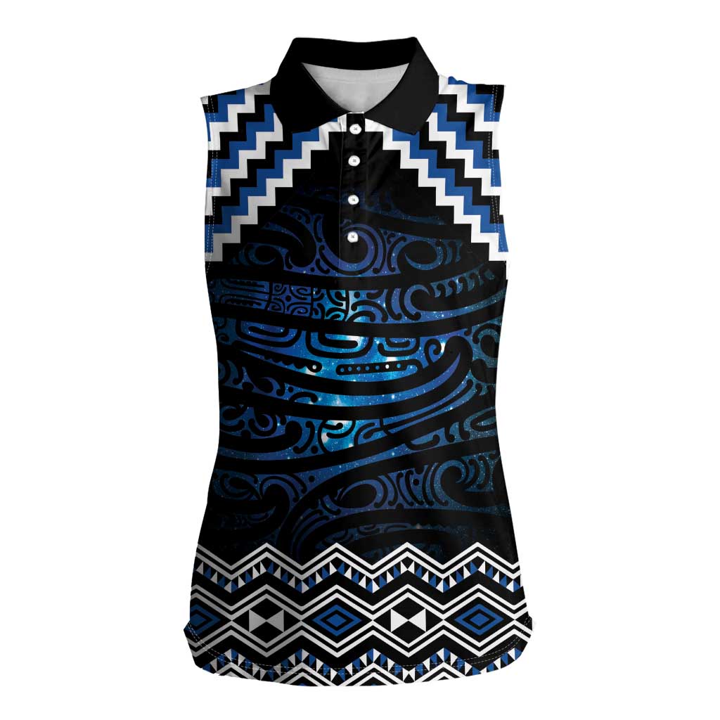 New Zealand Matariki Women Sleeveless Polo Shirt Galaxy Styled Taniko LT7 Female Blue - Polynesian Pride