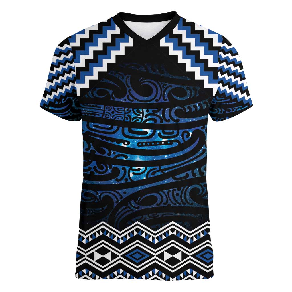 New Zealand Matariki Women V-Neck T-Shirt Galaxy Styled Taniko LT7 Female Blue - Polynesian Pride
