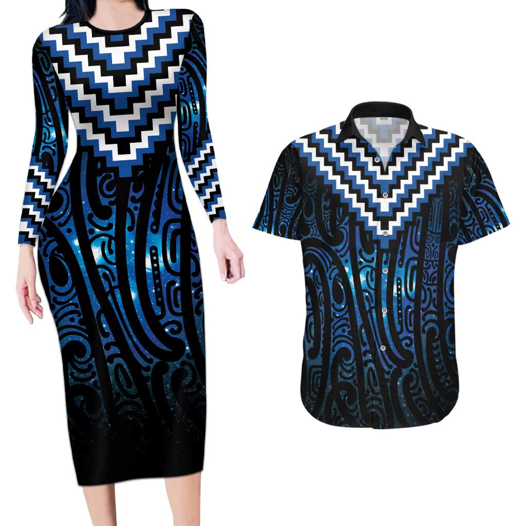 New Zealand Matariki Couples Matching Long Sleeve Bodycon Dress and Hawaiian Shirt Galaxy Poutama Motifs LT7 Blue - Polynesian Pride
