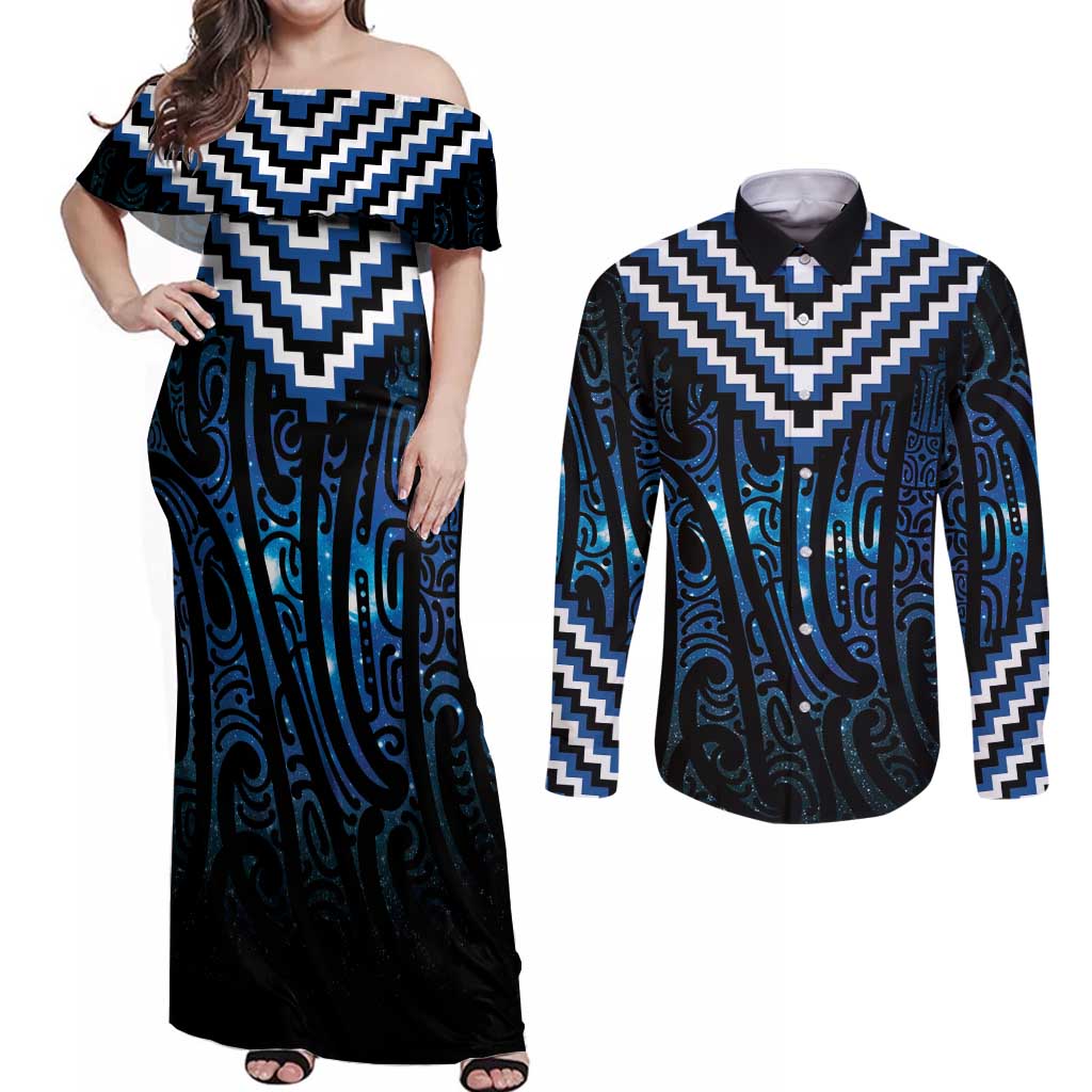 New Zealand Matariki Couples Matching Off Shoulder Maxi Dress and Long Sleeve Button Shirt Galaxy Poutama Motifs LT7 Blue - Polynesian Pride