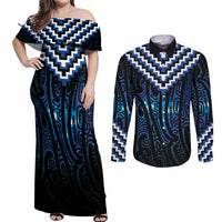 New Zealand Matariki Couples Matching Off Shoulder Maxi Dress and Long Sleeve Button Shirt Galaxy Poutama Motifs LT7 Blue - Polynesian Pride