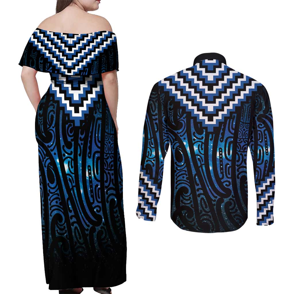 New Zealand Matariki Couples Matching Off Shoulder Maxi Dress and Long Sleeve Button Shirt Galaxy Poutama Motifs LT7 - Polynesian Pride