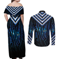 New Zealand Matariki Couples Matching Off Shoulder Maxi Dress and Long Sleeve Button Shirt Galaxy Poutama Motifs LT7 - Polynesian Pride