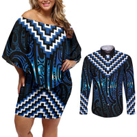 New Zealand Matariki Couples Matching Off Shoulder Short Dress and Long Sleeve Button Shirt Galaxy Poutama Motifs LT7 Blue - Polynesian Pride