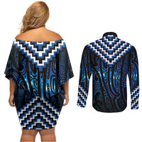 New Zealand Matariki Couples Matching Off Shoulder Short Dress and Long Sleeve Button Shirt Galaxy Poutama Motifs LT7 - Polynesian Pride