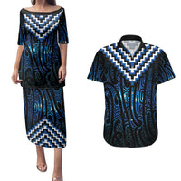 New Zealand Matariki Couples Matching Puletasi and Hawaiian Shirt Galaxy Poutama Motifs LT7 Blue - Polynesian Pride