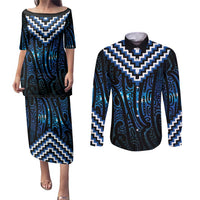 New Zealand Matariki Couples Matching Puletasi and Long Sleeve Button Shirt Galaxy Poutama Motifs LT7 Blue - Polynesian Pride