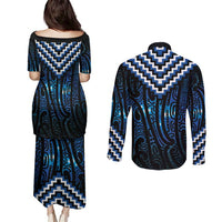 New Zealand Matariki Couples Matching Puletasi and Long Sleeve Button Shirt Galaxy Poutama Motifs LT7 - Polynesian Pride