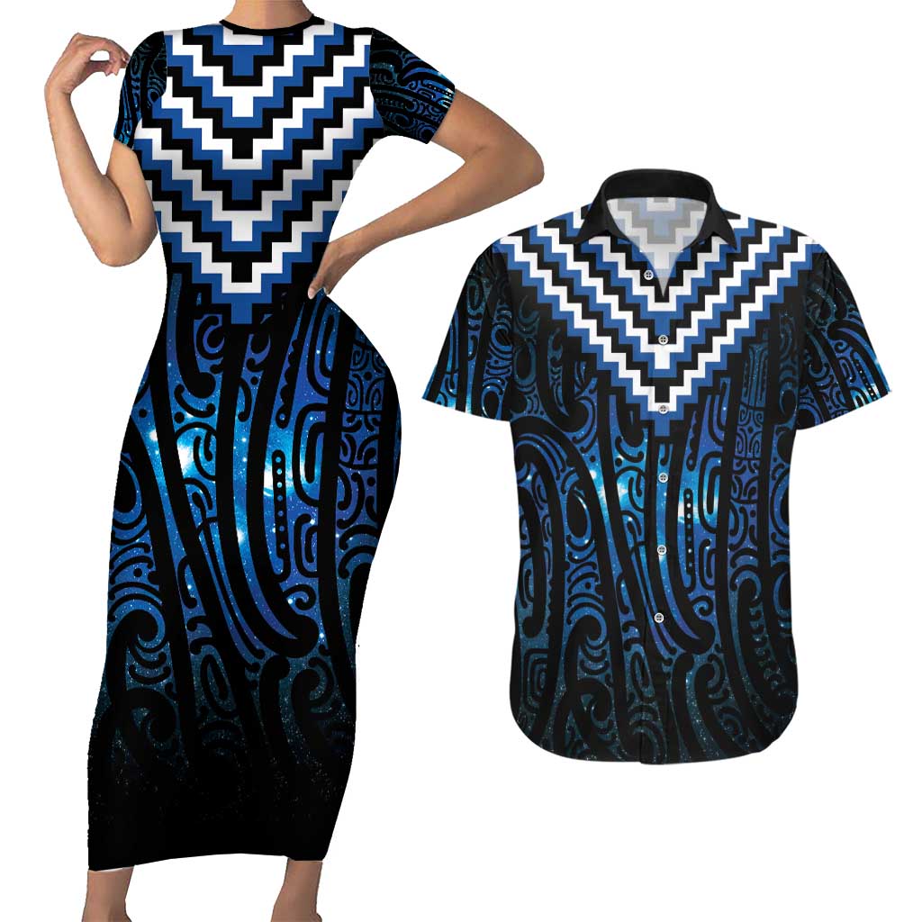 New Zealand Matariki Couples Matching Short Sleeve Bodycon Dress and Hawaiian Shirt Galaxy Poutama Motifs LT7 Blue - Polynesian Pride