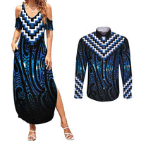 New Zealand Matariki Couples Matching Summer Maxi Dress and Long Sleeve Button Shirt Galaxy Poutama Motifs LT7 Blue - Polynesian Pride