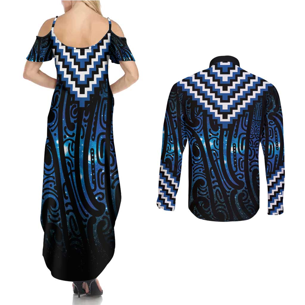 New Zealand Matariki Couples Matching Summer Maxi Dress and Long Sleeve Button Shirt Galaxy Poutama Motifs LT7 - Polynesian Pride