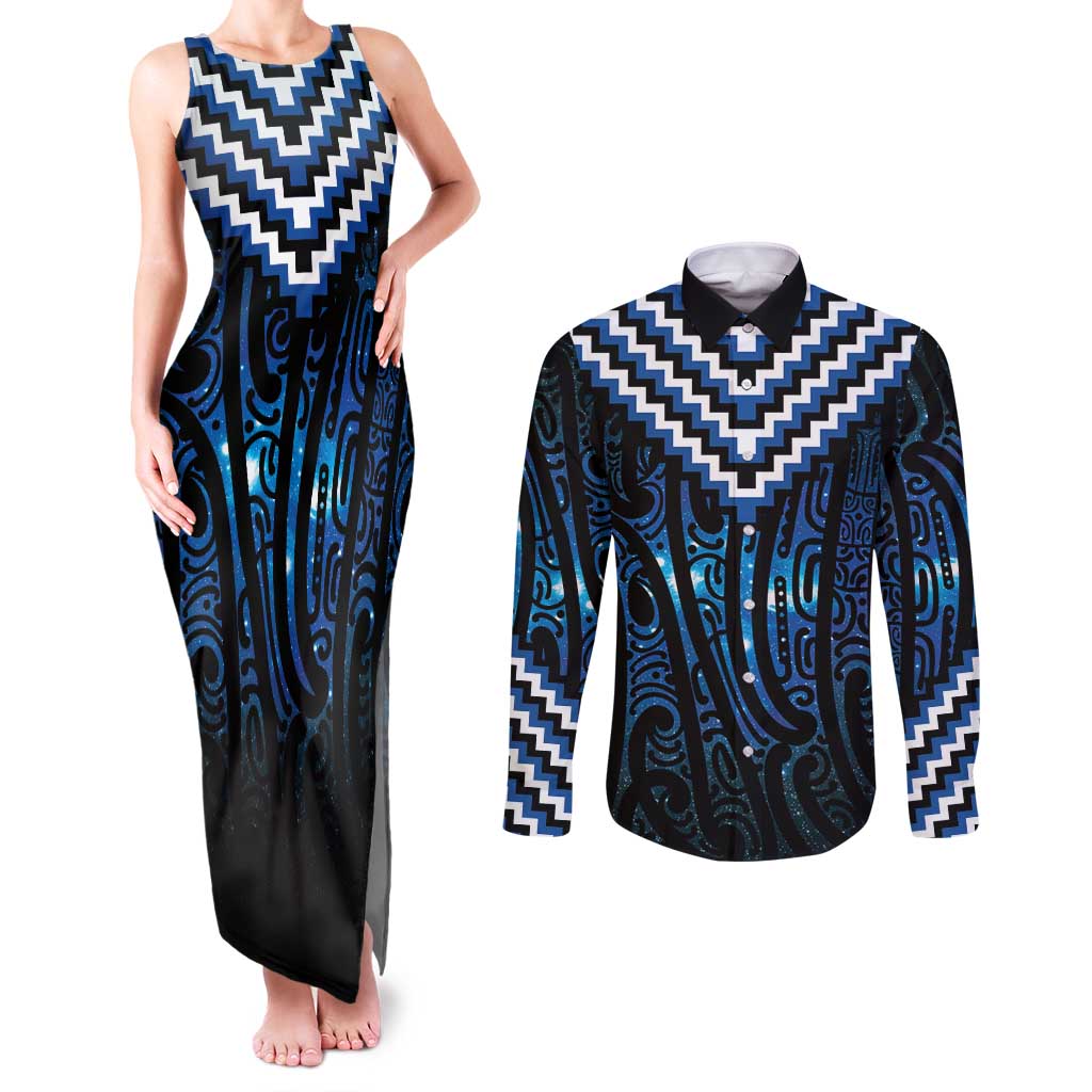 New Zealand Matariki Couples Matching Tank Maxi Dress and Long Sleeve Button Shirt Galaxy Poutama Motifs LT7 Blue - Polynesian Pride