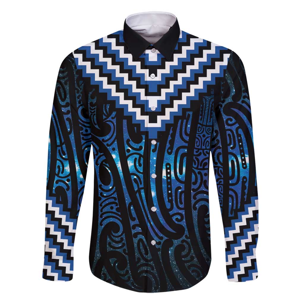 New Zealand Matariki Family Matching Long Sleeve Bodycon Dress and Hawaiian Shirt Galaxy Poutama Motifs LT7 Dad's Shirt - Long Sleeve Blue - Polynesian Pride
