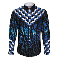 New Zealand Matariki Family Matching Long Sleeve Bodycon Dress and Hawaiian Shirt Galaxy Poutama Motifs LT7 Dad's Shirt - Long Sleeve Blue - Polynesian Pride