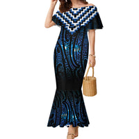 New Zealand Matariki Family Matching Mermaid Dress and Hawaiian Shirt Galaxy Poutama Motifs LT7 Mom's Dress Blue - Polynesian Pride