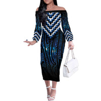 New Zealand Matariki Family Matching Off The Shoulder Long Sleeve Dress and Hawaiian Shirt Galaxy Poutama Motifs