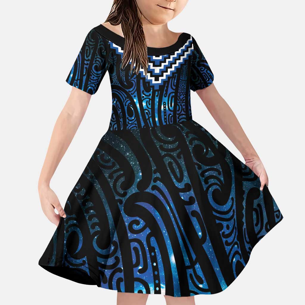 New Zealand Matariki Family Matching Puletasi and Hawaiian Shirt Galaxy Poutama Motifs LT7 Daughter's Dress Blue - Polynesian Pride