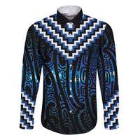 New Zealand Matariki Family Matching Puletasi and Hawaiian Shirt Galaxy Poutama Motifs LT7 Dad's Shirt - Long Sleeve Blue - Polynesian Pride