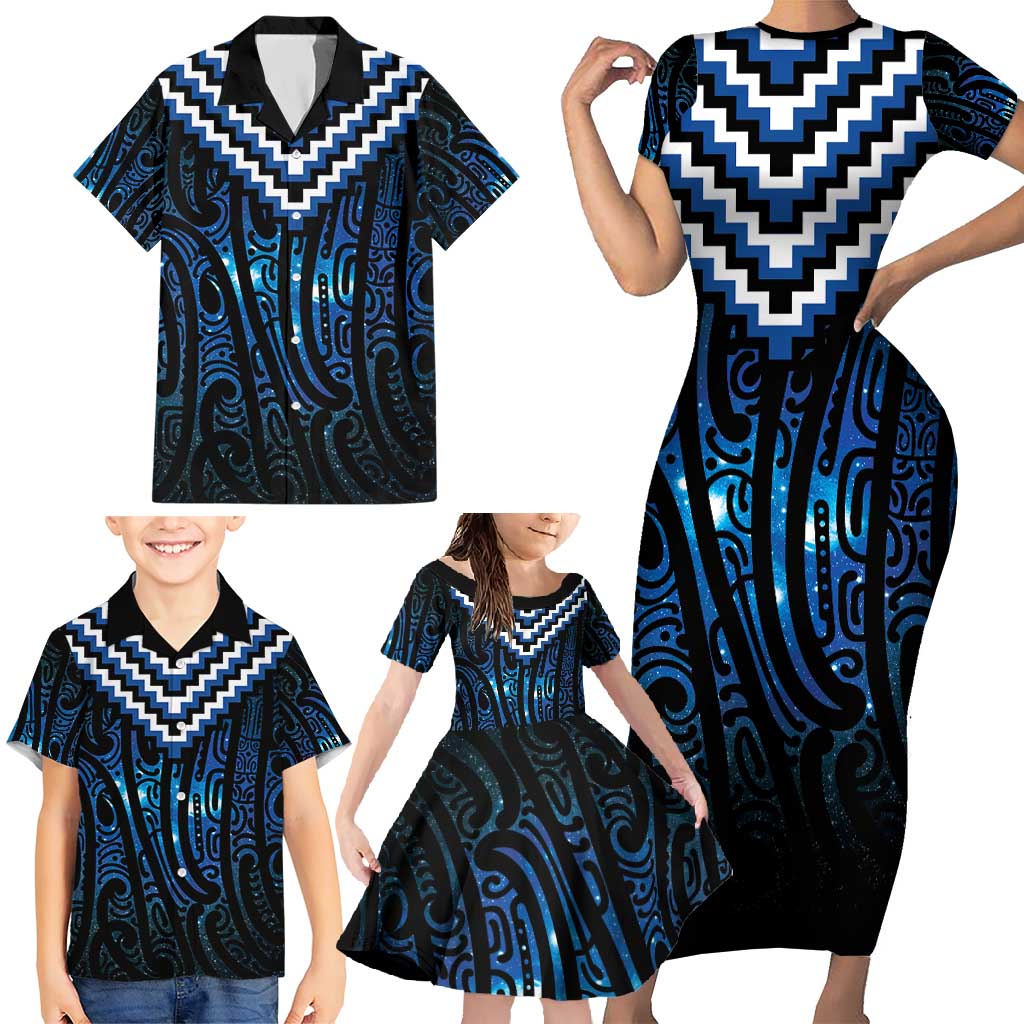 New Zealand Matariki Family Matching Short Sleeve Bodycon Dress and Hawaiian Shirt Galaxy Poutama Motifs