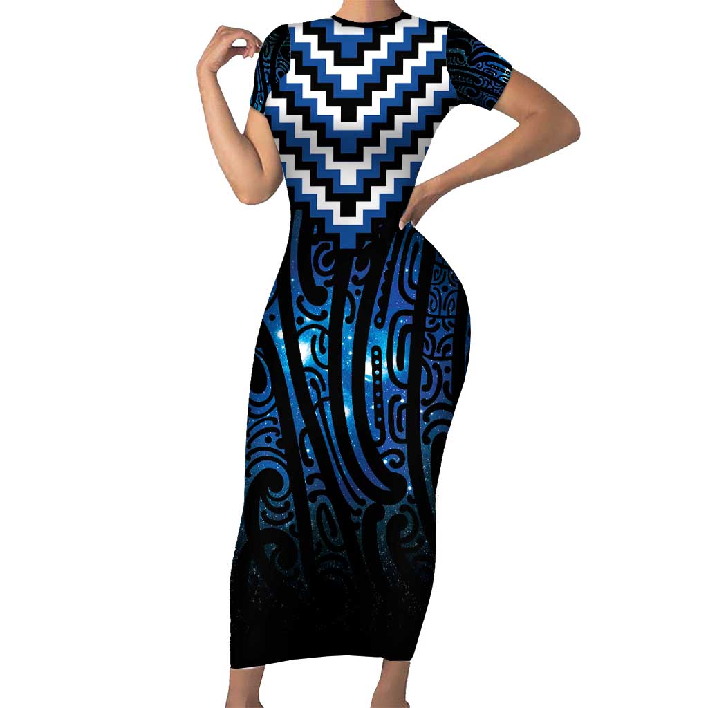New Zealand Matariki Family Matching Short Sleeve Bodycon Dress and Hawaiian Shirt Galaxy Poutama Motifs LT7 Mom's Dress Blue - Polynesian Pride