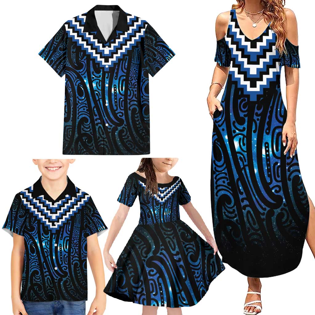 New Zealand Matariki Family Matching Summer Maxi Dress and Hawaiian Shirt Galaxy Poutama Motifs