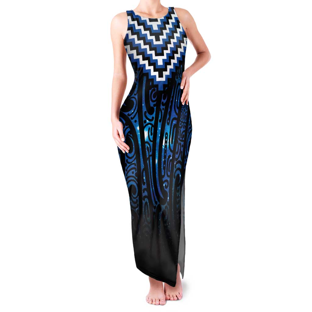 New Zealand Matariki Family Matching Tank Maxi Dress and Hawaiian Shirt Galaxy Poutama Motifs LT7 Mom's Dress Blue - Polynesian Pride