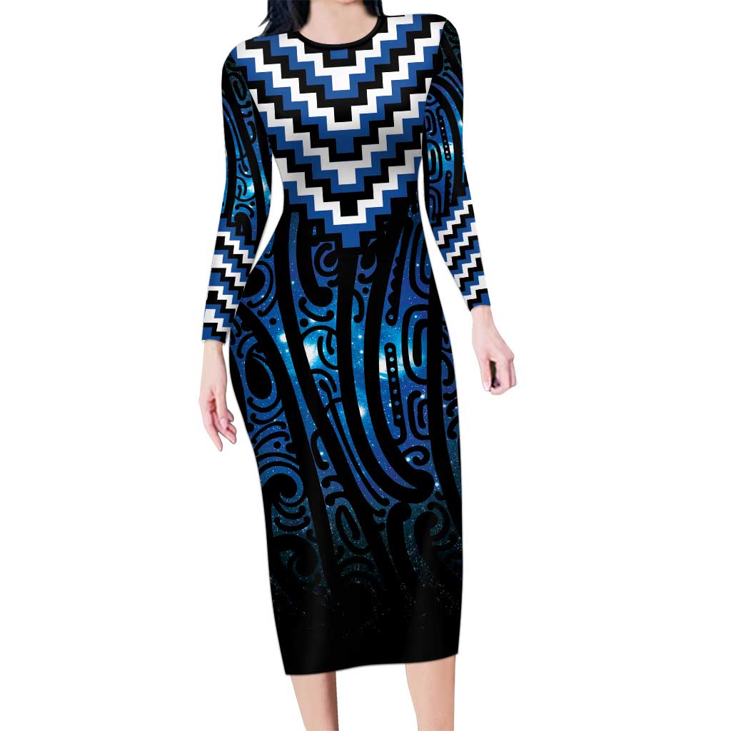 New Zealand Matariki Long Sleeve Bodycon Dress Galaxy Poutama Motifs LT7 Long Dress Blue - Polynesian Pride