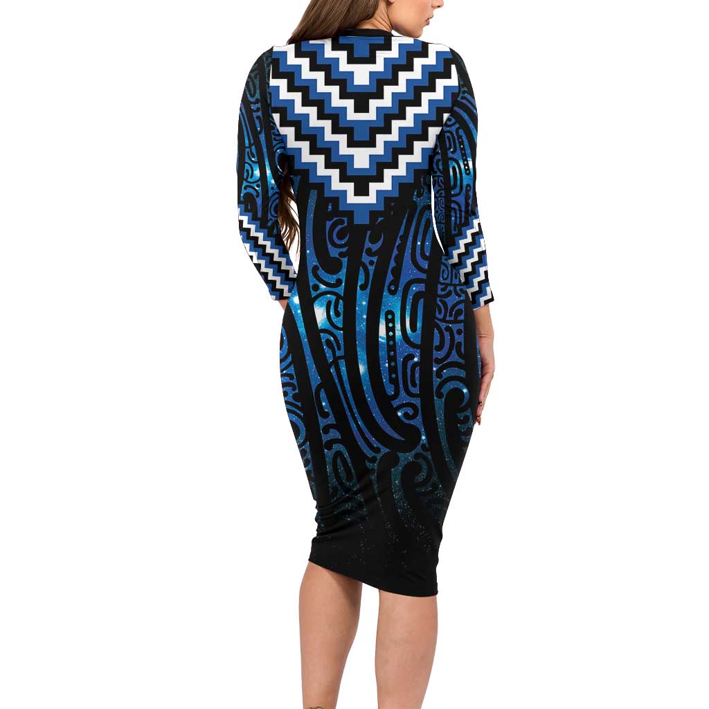 New Zealand Matariki Long Sleeve Bodycon Dress Galaxy Poutama Motifs LT7 - Polynesian Pride