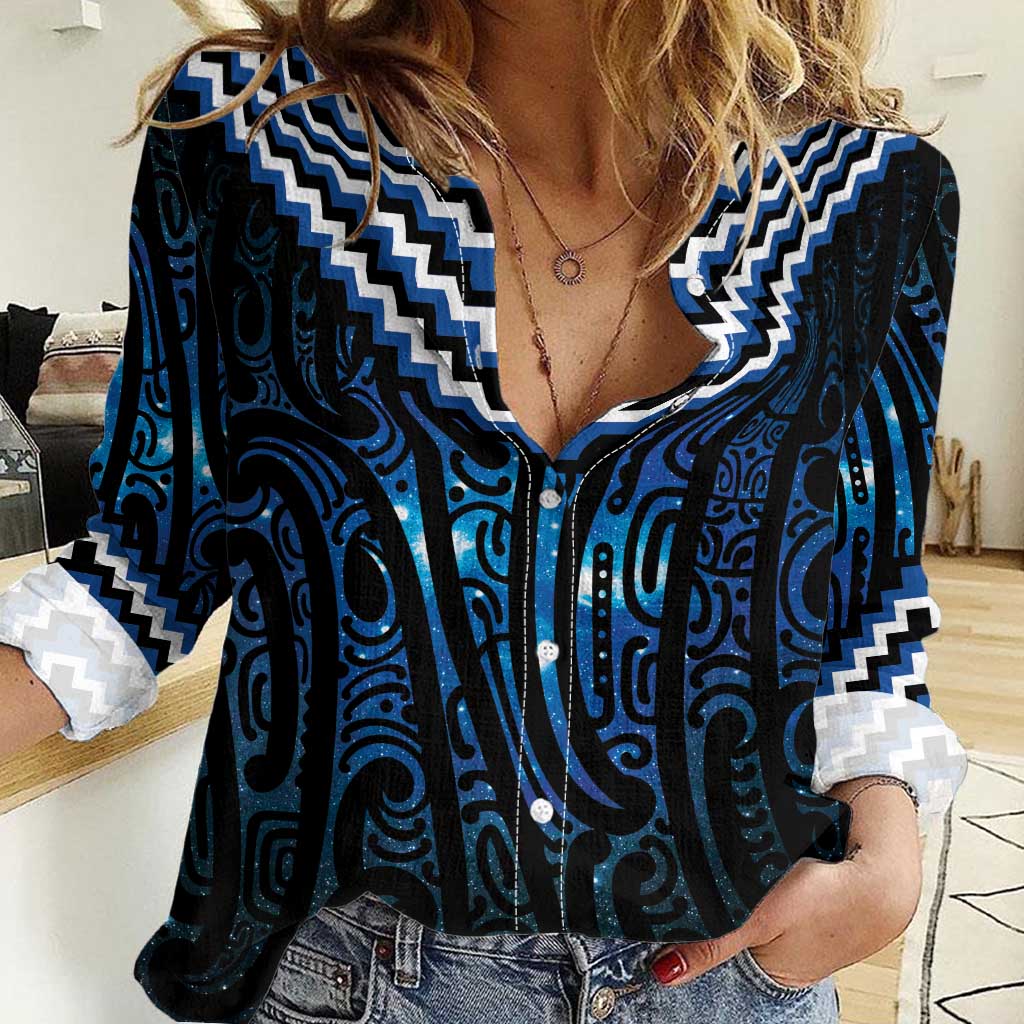 New Zealand Matariki Women Casual Shirt Galaxy Poutama Motifs LT7 Female Blue - Polynesian Pride