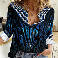 New Zealand Matariki Women Casual Shirt Galaxy Poutama Motifs LT7 Female Blue - Polynesian Pride