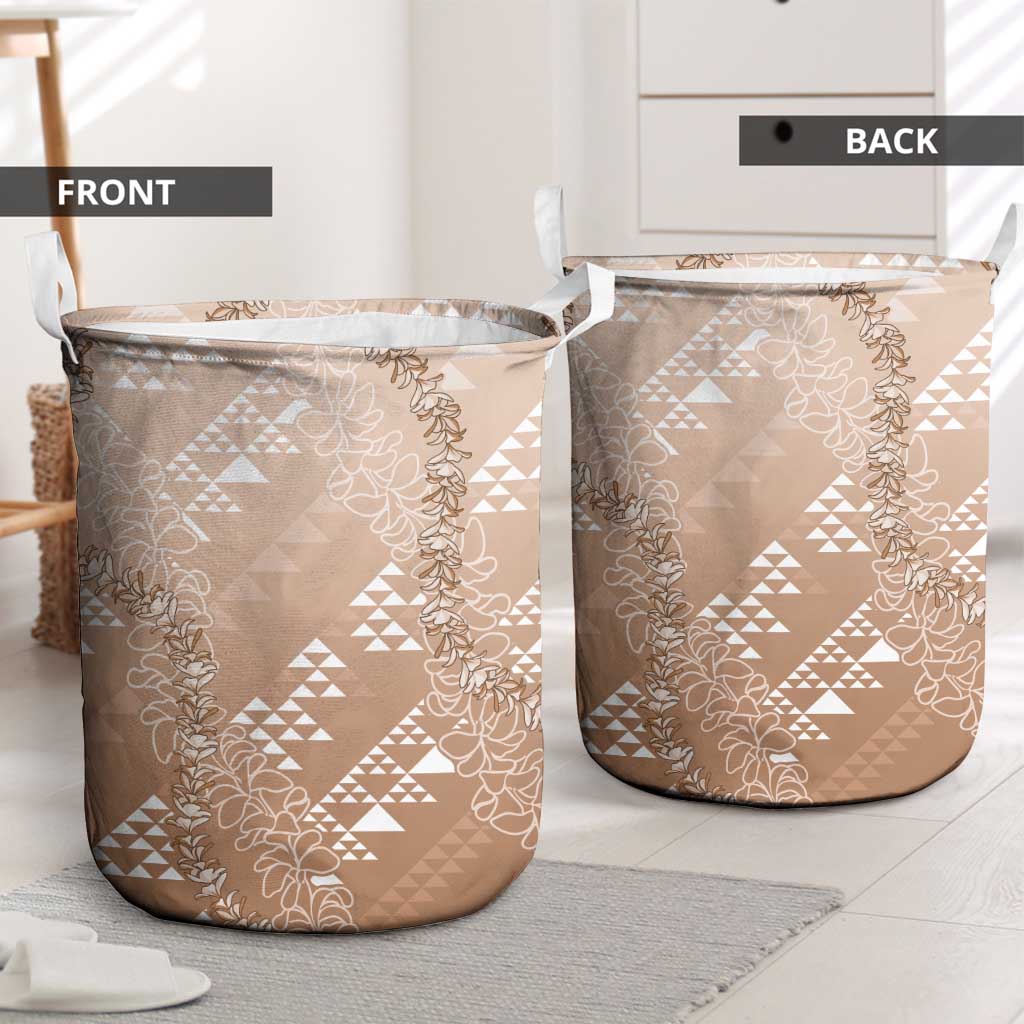 Hawaii Beige Kapa Laundry Basket Vintage 'Ohe Kāpala Motifs Mix Plumeria Leis