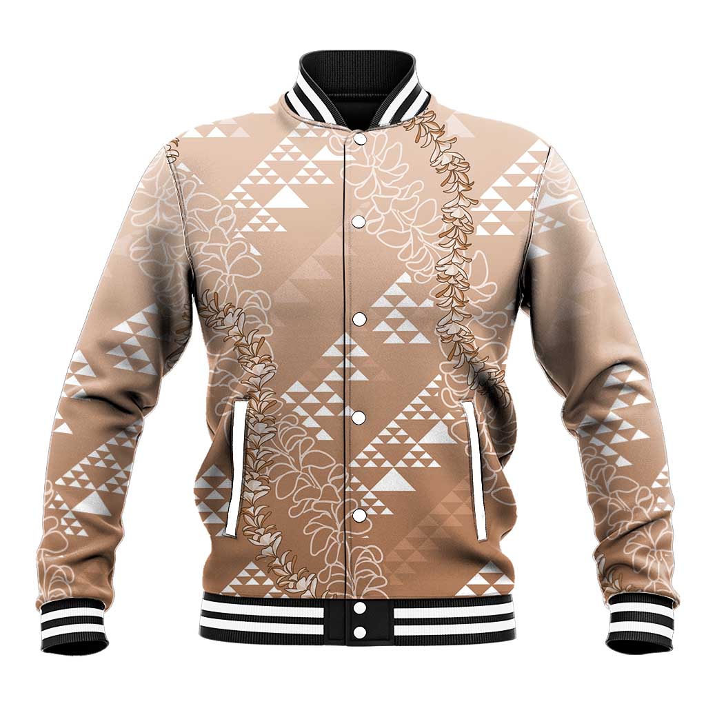 Hawaii Beige Kapa Baseball Jacket Vintage 'Ohe Kāpala Motifs Mix Plumeria Leis LT7 Unisex Beige - Polynesian Pride
