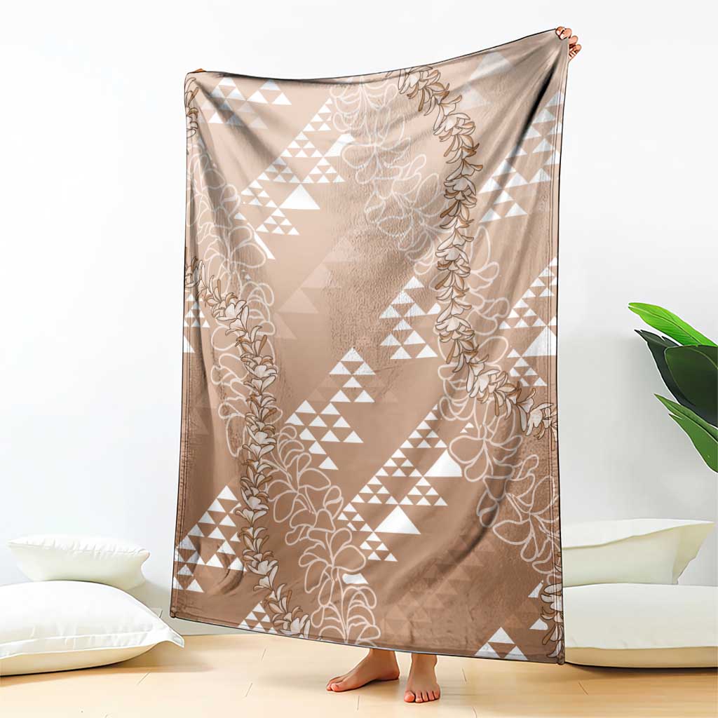 Hawaii Beige Kapa Blanket Vintage 'Ohe Kāpala Motifs Mix Plumeria Leis