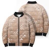 Hawaii Beige Kapa Bomber Puffer Jacket Vintage 'Ohe Kāpala Motifs Mix Plumeria Leis
