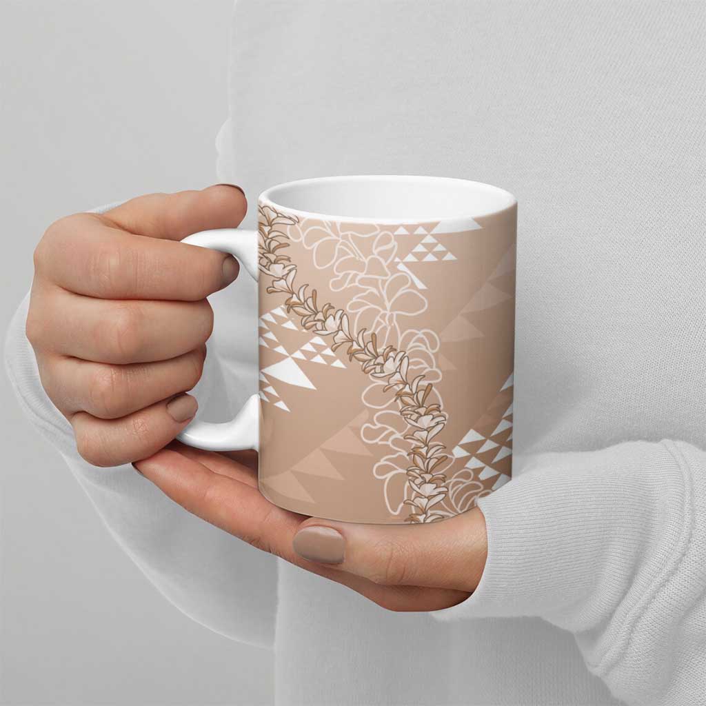 Hawaii Beige Kapa Ceramic Mug Vintage 'Ohe Kāpala Motifs Mix Plumeria Leis