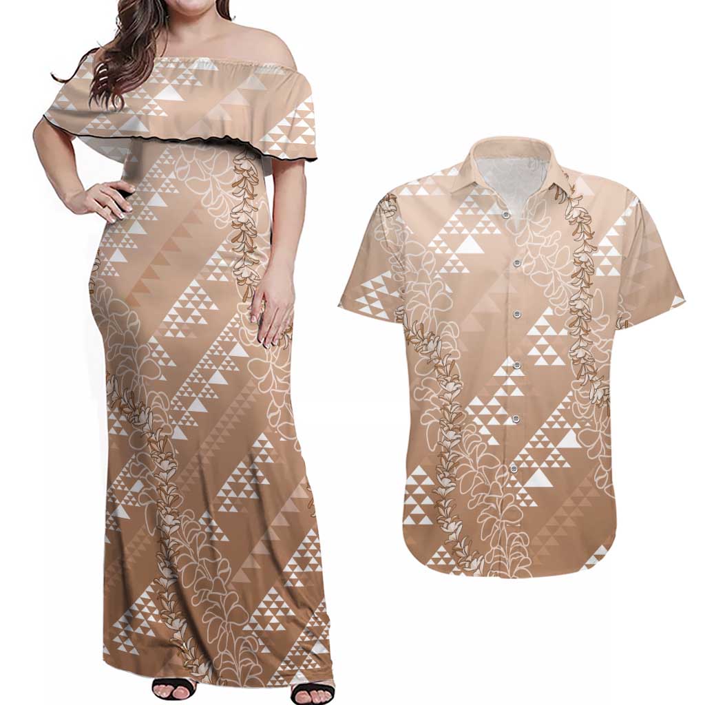 Hawaii Beige Kapa Couples Matching Off Shoulder Maxi Dress and Hawaiian Shirt Vintage 'Ohe Kāpala Motifs Mix Plumeria Leis