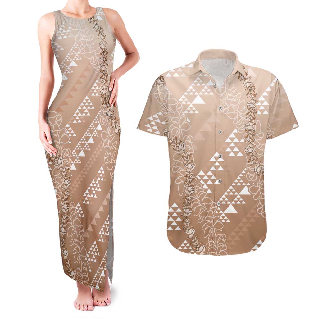 Hawaii Beige Kapa Couples Matching Tank Maxi Dress and Hawaiian Shirt Vintage 'Ohe Kāpala Motifs Mix Plumeria Leis LT7 Beige - Polynesian Pride