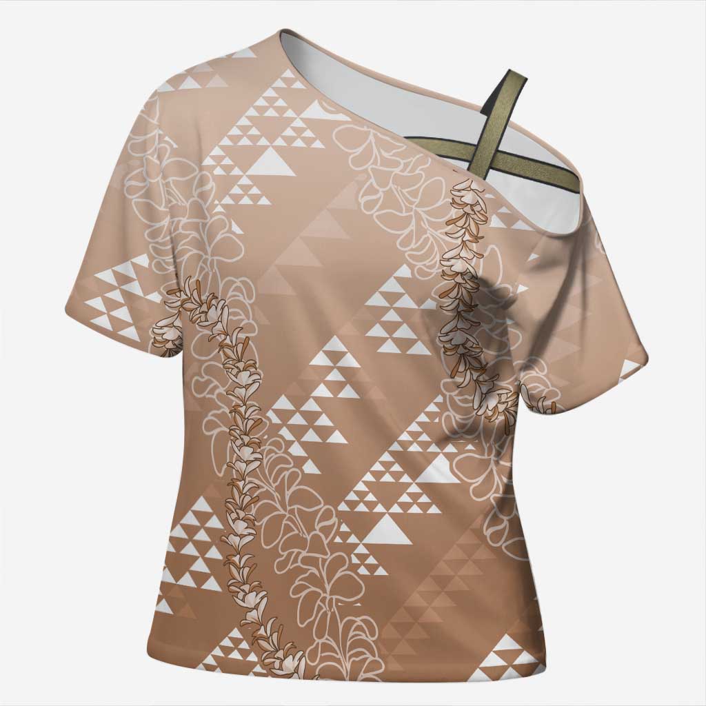 Hawaii Beige Kapa Cross Shoulder Shirt Vintage 'Ohe Kāpala Motifs Mix Plumeria Leis LT7 Female Beige - Polynesian Pride