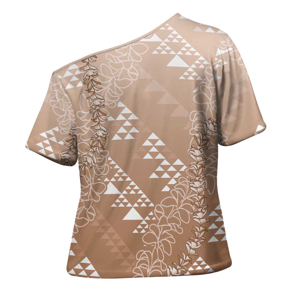 Hawaii Beige Kapa Cross Shoulder Shirt Vintage 'Ohe Kāpala Motifs Mix Plumeria Leis LT7 - Polynesian Pride