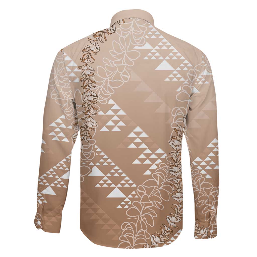Hawaii Beige Kapa Family Matching Long Sleeve Bodycon Dress and Hawaiian Shirt Vintage 'Ohe Kāpala Motifs Mix Plumeria Leis LT7 - Polynesian Pride