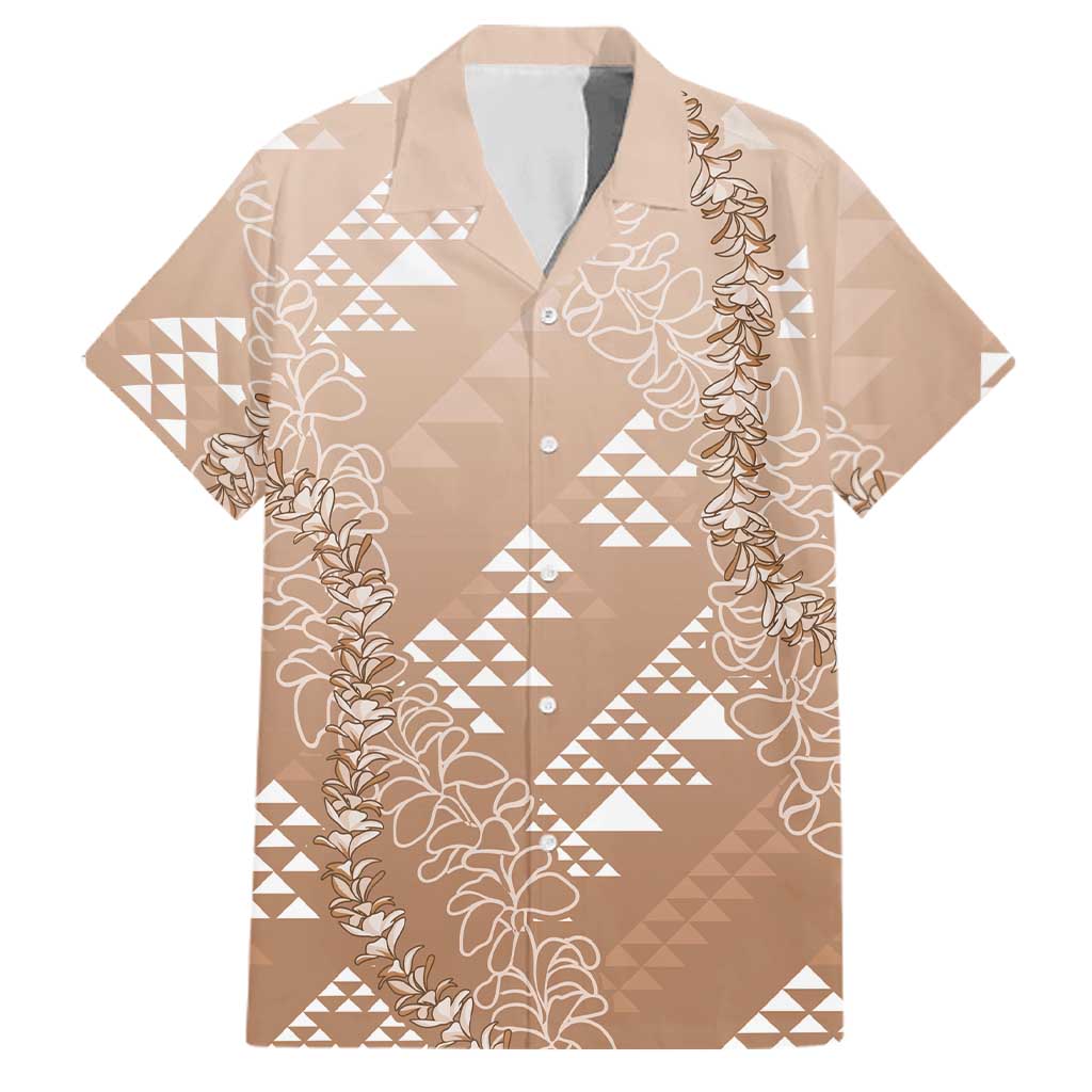 Hawaii Beige Kapa Family Matching Off Shoulder Short Dress and Hawaiian Shirt Vintage 'Ohe Kāpala Motifs Mix Plumeria Leis LT7 Dad's Shirt - Short Sleeve Beige - Polynesian Pride
