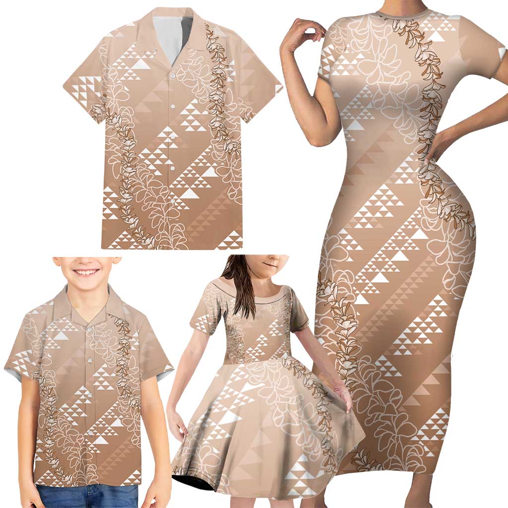 Hawaii Beige Kapa Family Matching Short Sleeve Bodycon Dress and Hawaiian Shirt Vintage 'Ohe Kāpala Motifs Mix Plumeria Leis