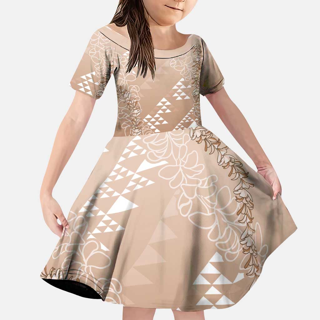 Hawaii Beige Kapa Family Matching Summer Maxi Dress and Hawaiian Shirt Vintage 'Ohe Kāpala Motifs Mix Plumeria Leis LT7 Daughter's Dress Beige - Polynesian Pride