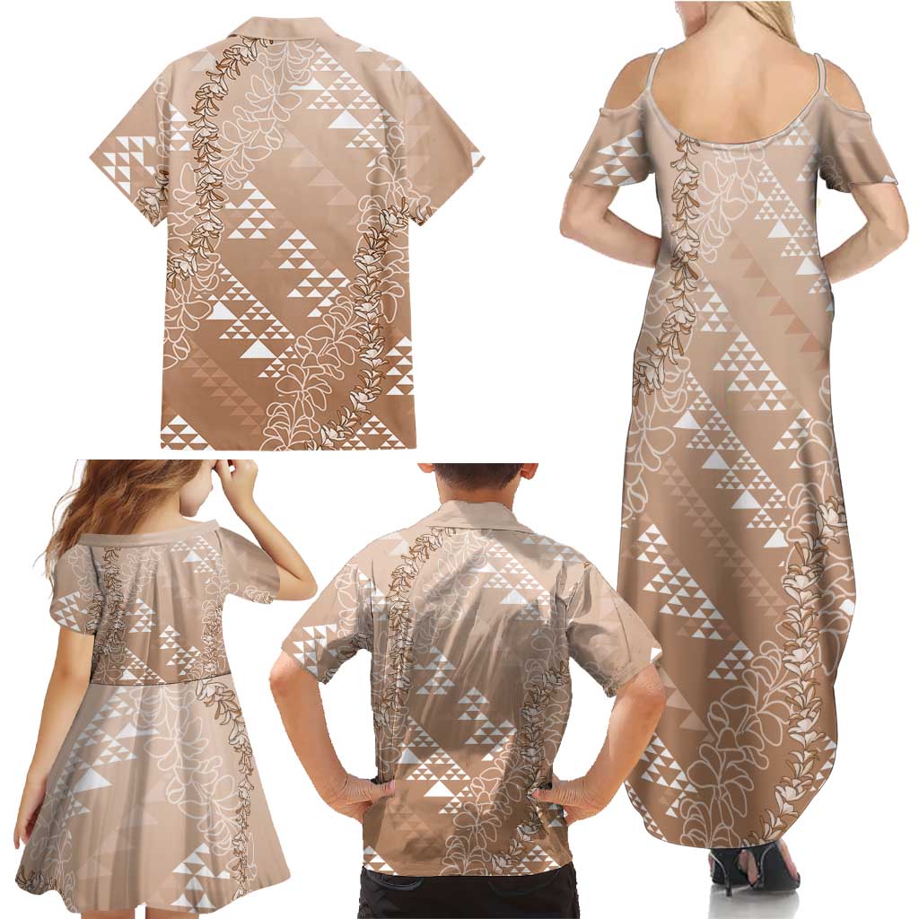 Hawaii Beige Kapa Family Matching Summer Maxi Dress and Hawaiian Shirt Vintage 'Ohe Kāpala Motifs Mix Plumeria Leis LT7 - Polynesian Pride