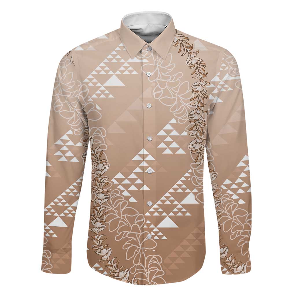 Hawaii Beige Kapa Family Matching Summer Maxi Dress and Hawaiian Shirt Vintage 'Ohe Kāpala Motifs Mix Plumeria Leis LT7 Dad's Shirt - Long Sleeve Beige - Polynesian Pride