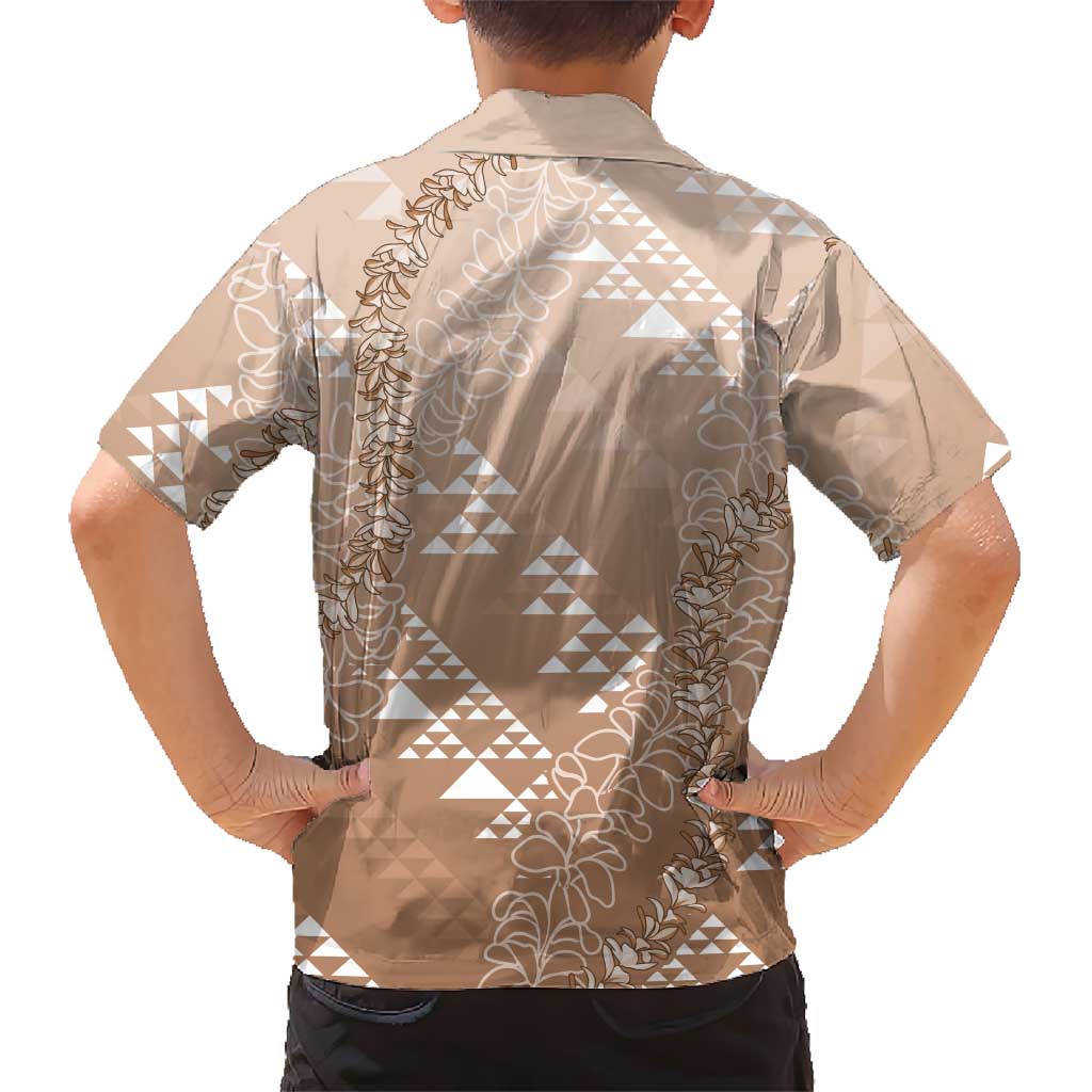 Hawaii Beige Kapa Family Matching Tank Maxi Dress and Hawaiian Shirt Vintage 'Ohe Kāpala Motifs Mix Plumeria Leis LT7 - Polynesian Pride