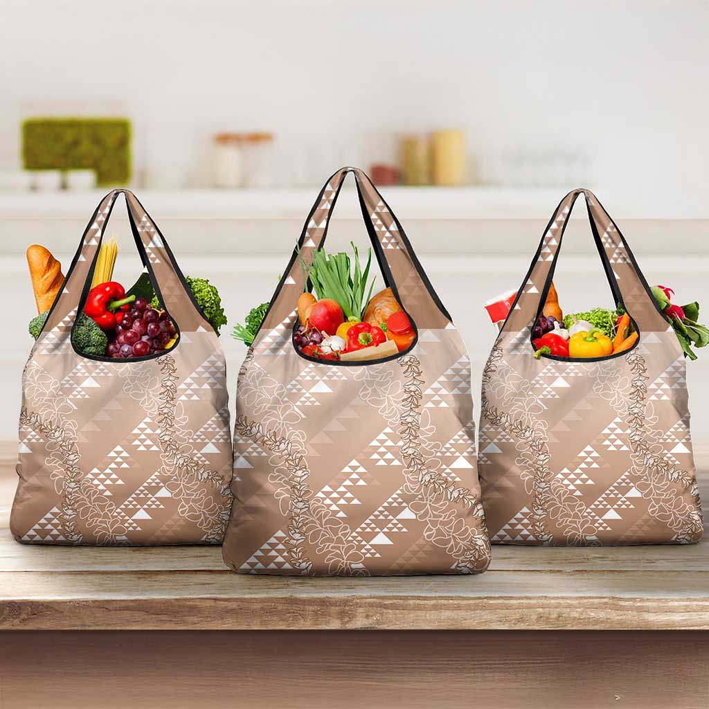 Hawaii Beige Kapa Grocery Bag Vintage 'Ohe Kāpala Motifs Mix Plumeria Leis LT7 3-pack One Size Beige - Polynesian Pride