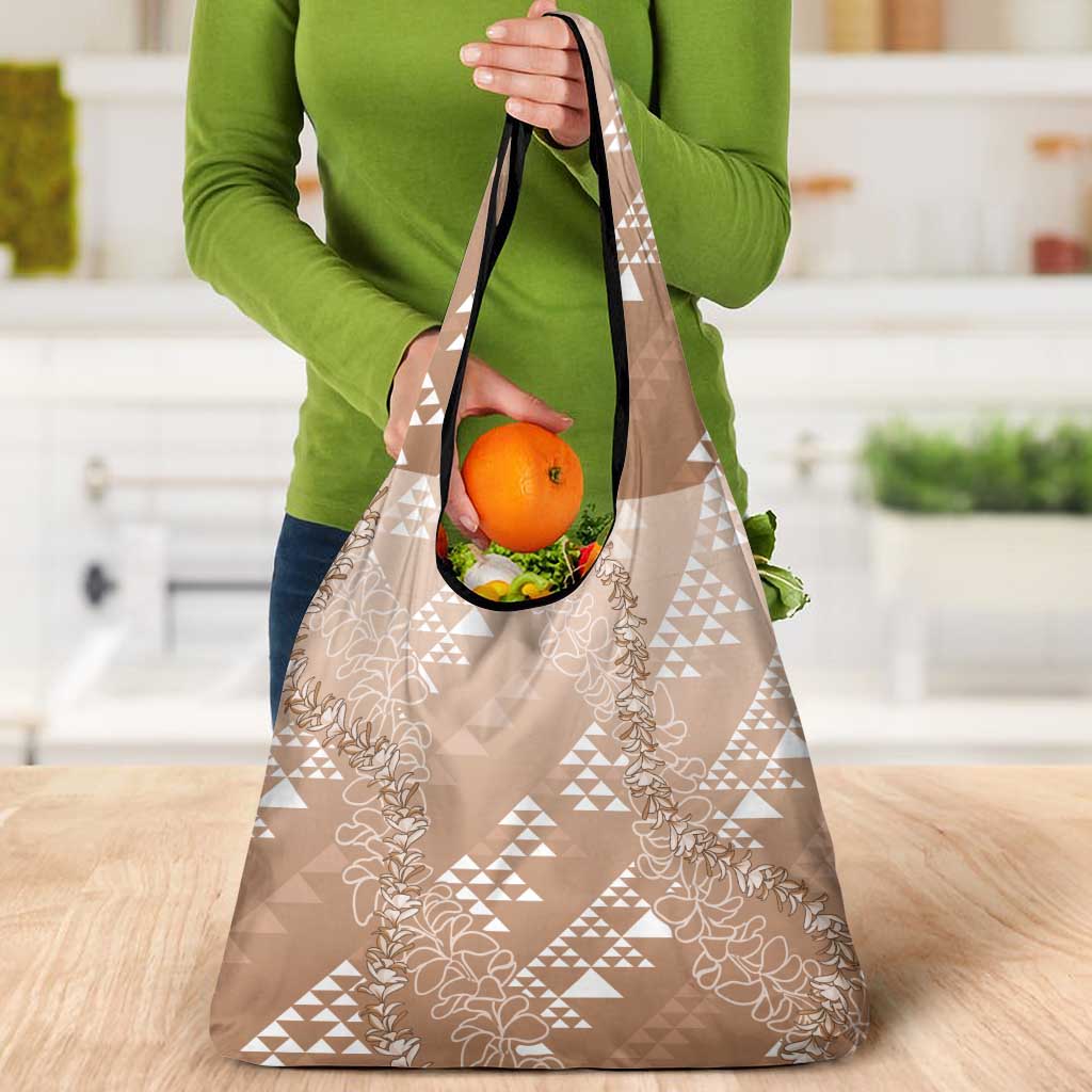 Hawaii Beige Kapa Grocery Bag Vintage 'Ohe Kāpala Motifs Mix Plumeria Leis LT7 - Polynesian Pride