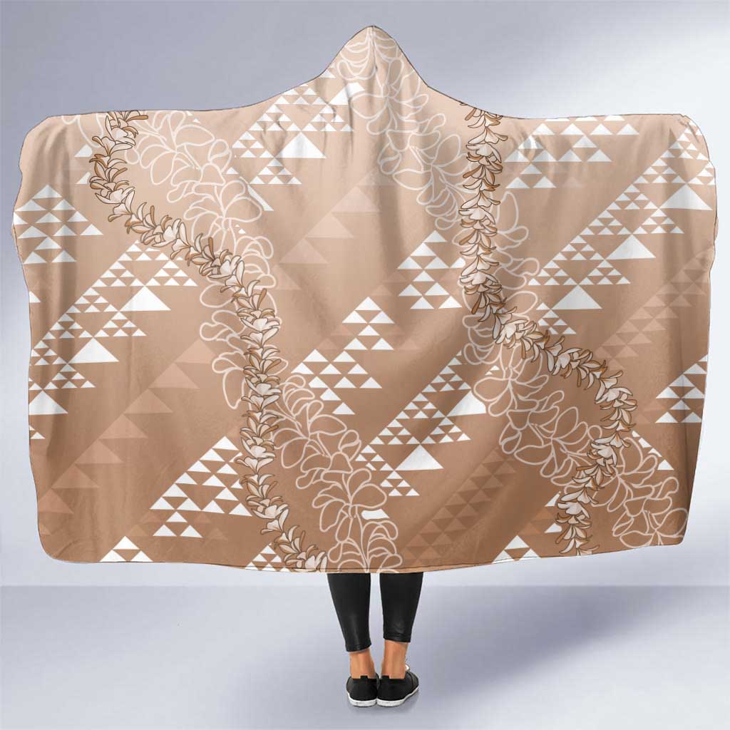 Hawaii Beige Kapa Hooded Blanket Vintage 'Ohe Kāpala Motifs Mix Plumeria Leis LT7 One Size Beige - Polynesian Pride