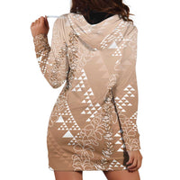Hawaii Beige Kapa Hoodie Dress Vintage 'Ohe Kāpala Motifs Mix Plumeria Leis